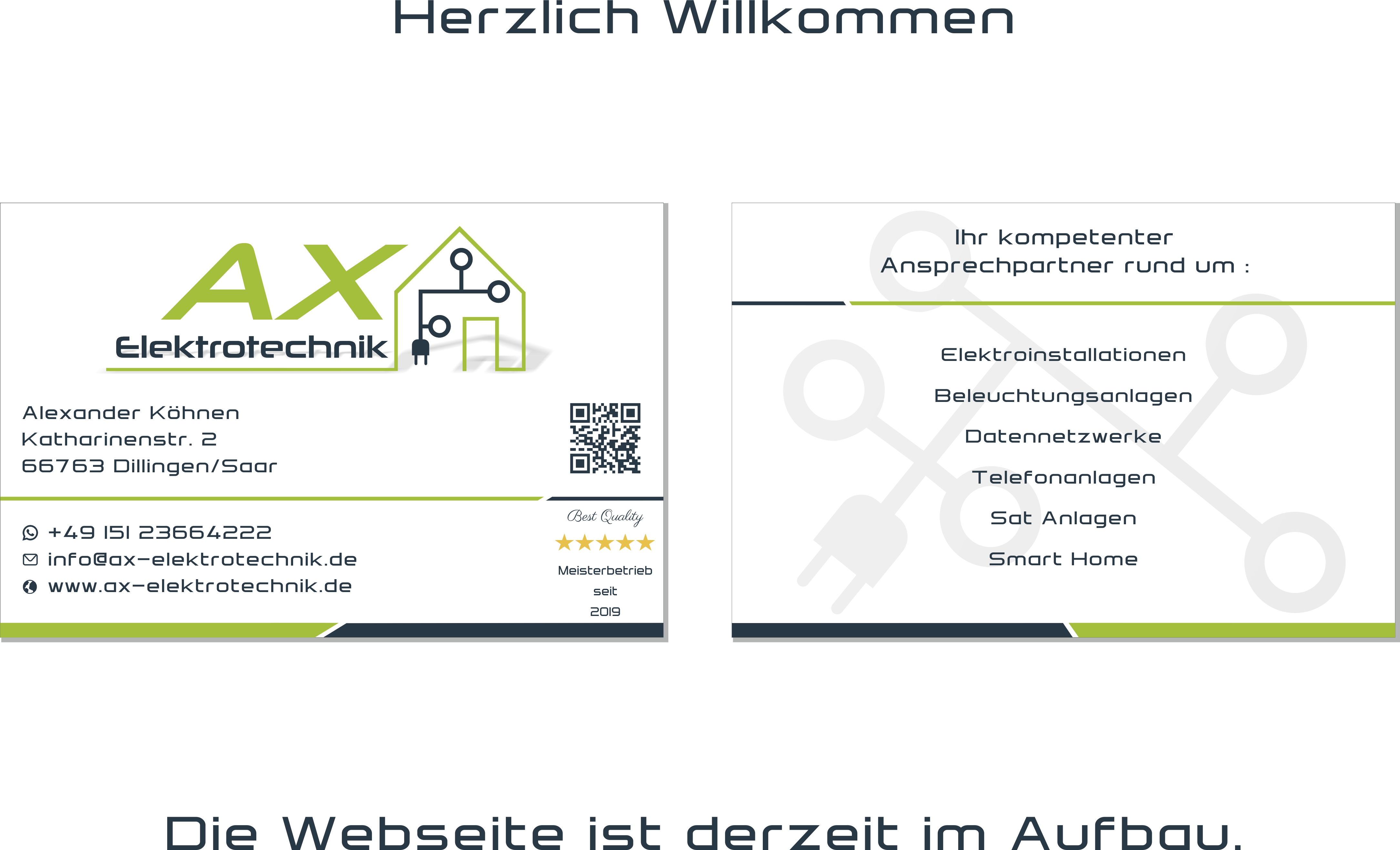 AX-Elektrotechnik, Alexander Köhnen, Katharinenstr.2 66763 Dillingen Saar - Tel.+4915123664222, Mail info@ax-elektrotechnik, Meisterbetrieb seit 2019, Ihr kompetenter Partner rund um, Elektroinstallationen - Datennetzwerke - Telefonanlagen - Sat Anlagen - Smart Home
